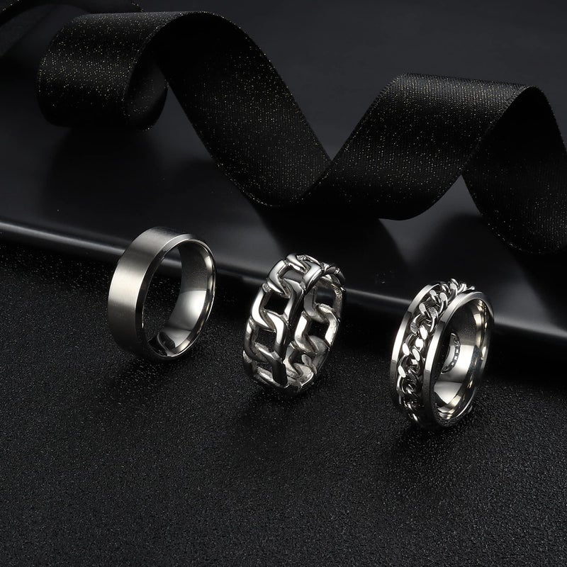 ORAZIO Mens Rings 3Pcs Silver Rings for Men Women Stainless Steel Plain Band Ring Cuban Link Chain Rings Spinner Ring Men's Promise Wedding Rings Set,Size 9 - Image 2